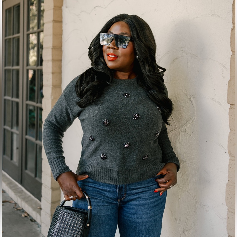 Loft Long Sleeve Gray Rhinestone Sweater